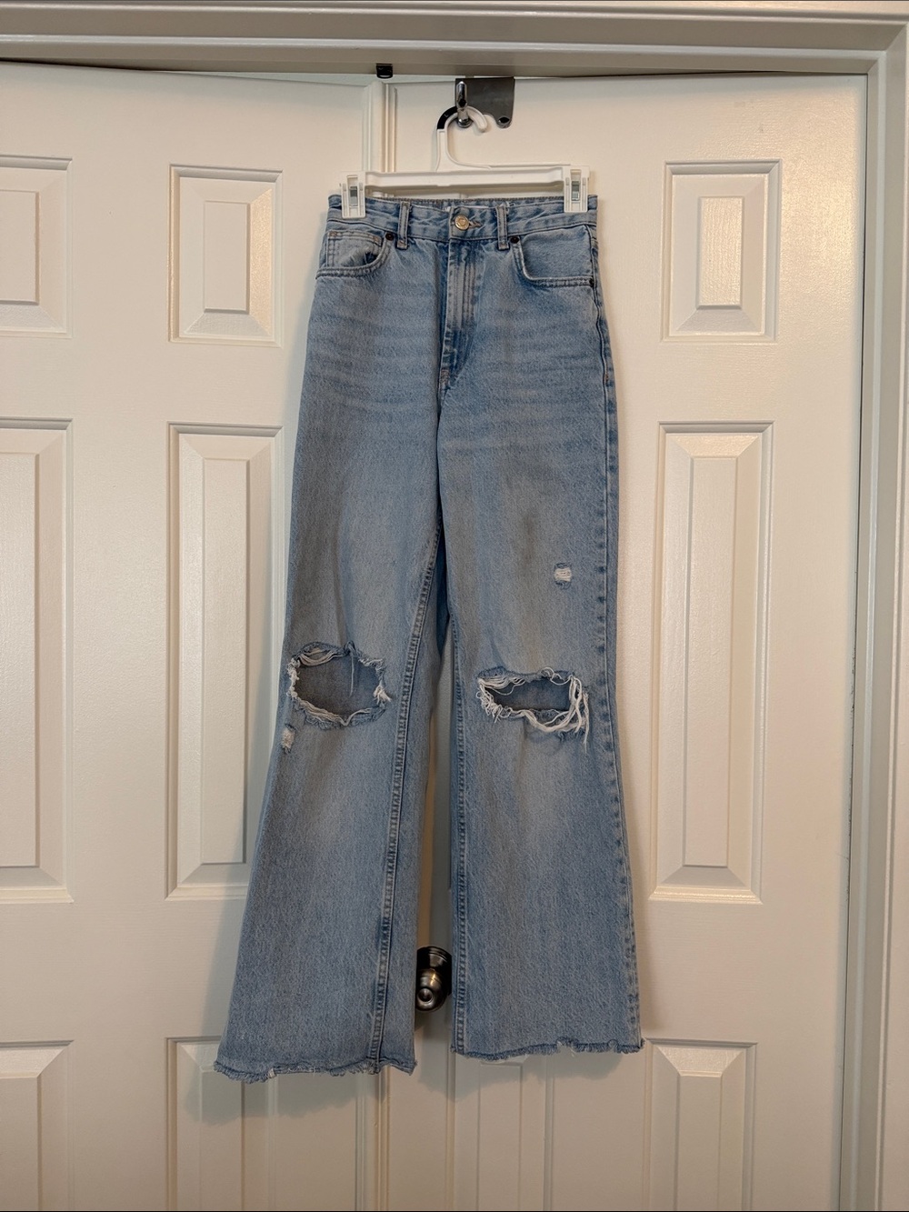 Zara Light Blue Distressed High-Waist Wide-Leg Jeans